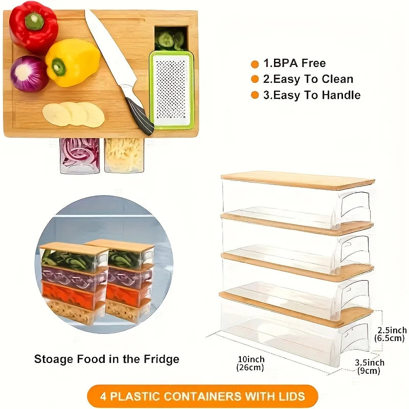 Bamboo Multifunctional Cutting Board Set with Container and Grater Square Chopping Block Drawer Design Cutting Board Vegetables