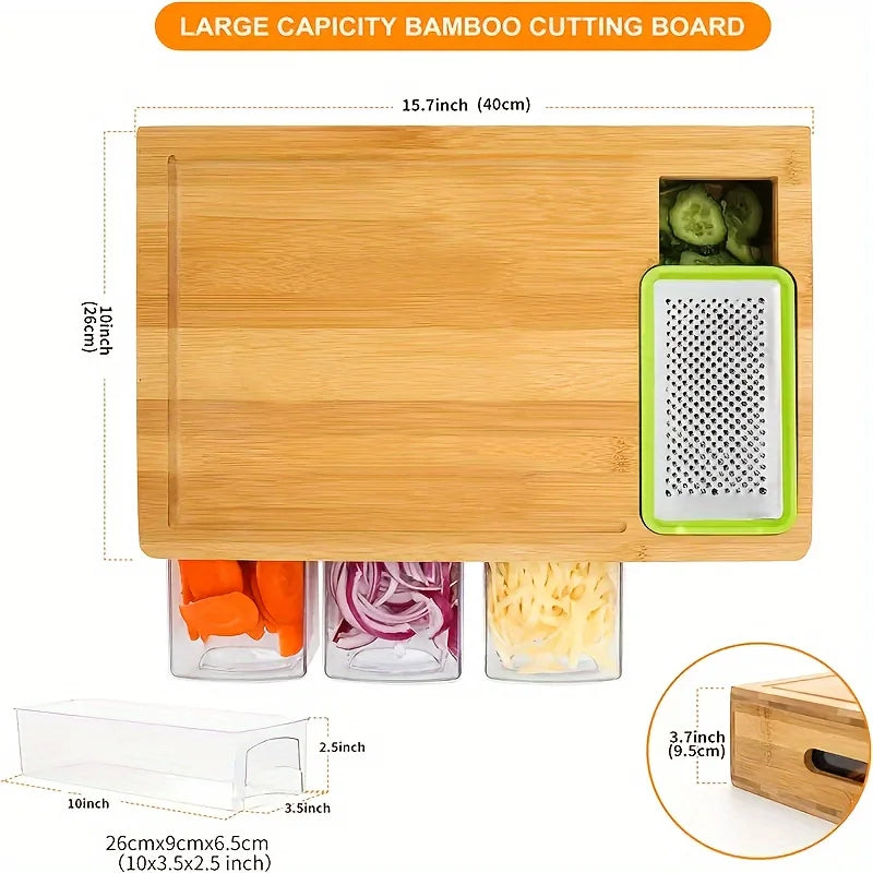 Bamboo Multifunctional Cutting Board Set with Container and Grater Square Chopping Block Drawer Design Cutting Board Vegetables