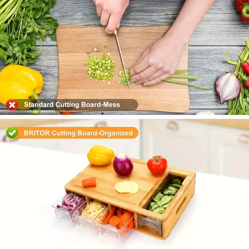 Bamboo Multifunctional Cutting Board Set with Container and Grater Square Chopping Block Drawer Design Cutting Board Vegetables