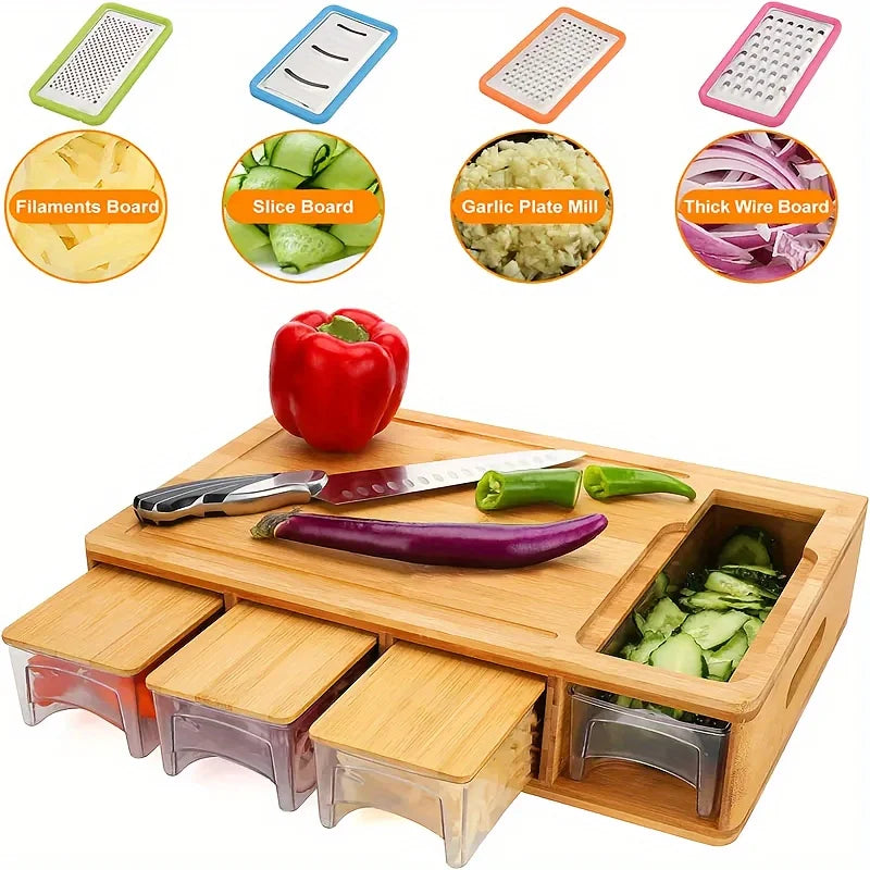 Bamboo Multifunctional Cutting Board Set with Container and Grater Square Chopping Block Drawer Design Cutting Board Vegetables