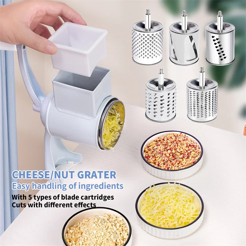 Manual Cheese Grater Shredder Stainless Steel Kitchen Hand Crank Grinder with 5 Interchangeable Blades and Handle for Vegetable
