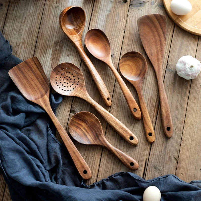 Wooden Spoons For Cooking, Wooden Utensils For Cooking With Utensils Holder, Teak Wooden Kitchen Utensils Set