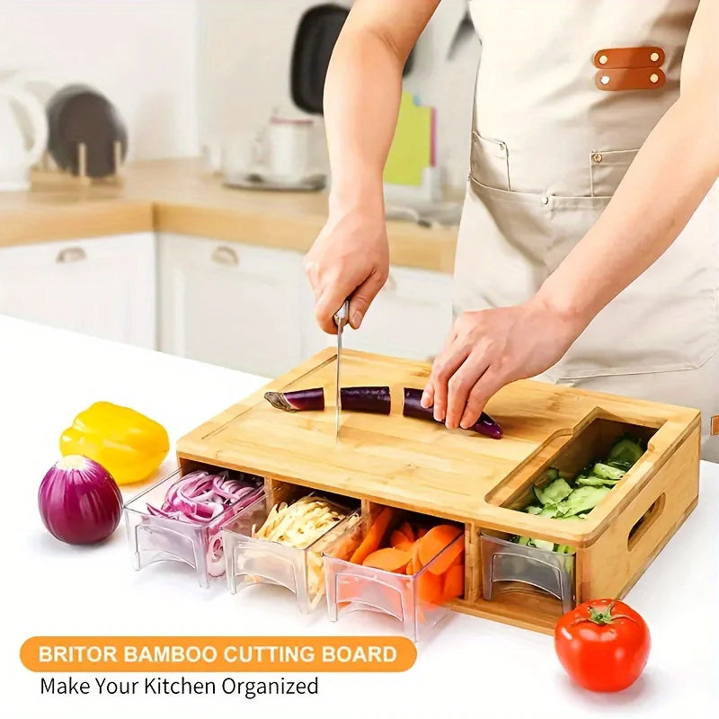 Bamboo Multifunctional Cutting Board Set with Container and Grater Square Chopping Block Drawer Design Cutting Board Vegetables