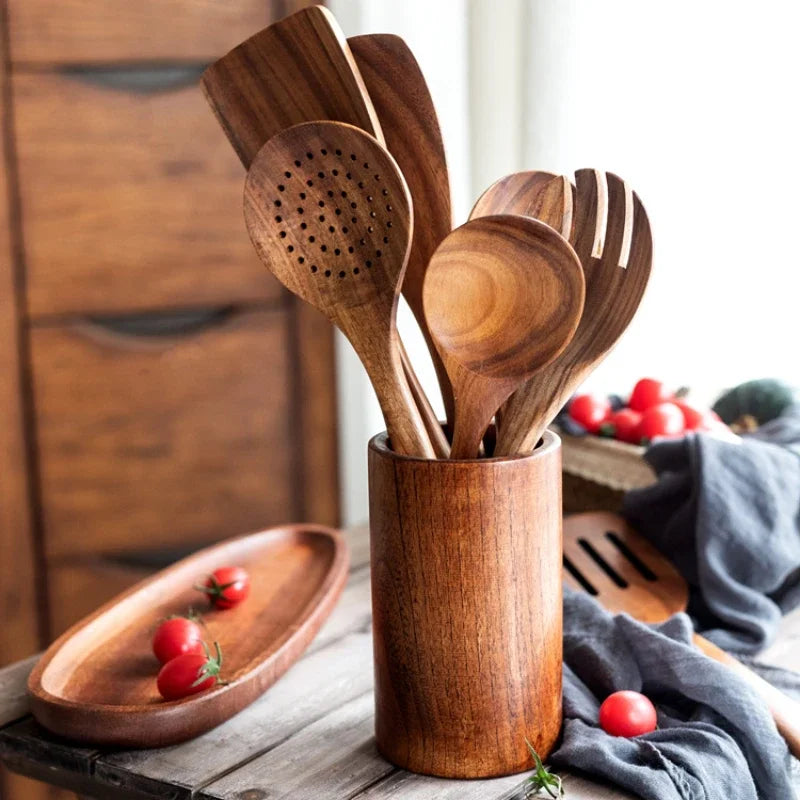 Wooden Spoons For Cooking, Wooden Utensils For Cooking With Utensils Holder, Teak Wooden Kitchen Utensils Set